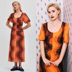 GANNI‎ 70s Wave Print Recycled Mesh Scoop Neck Puff Short Sleeve Ruched Dress M